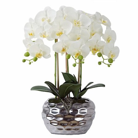 Konstgjord orkidé Phalaenopsis med silverfärgad keramik kruka