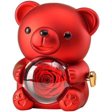 Romantisk Teddybjørn, indeholdende konserverede roser, en skjult smykkeskrin og en hjerteformet halskæde - en unik gave (Rød)