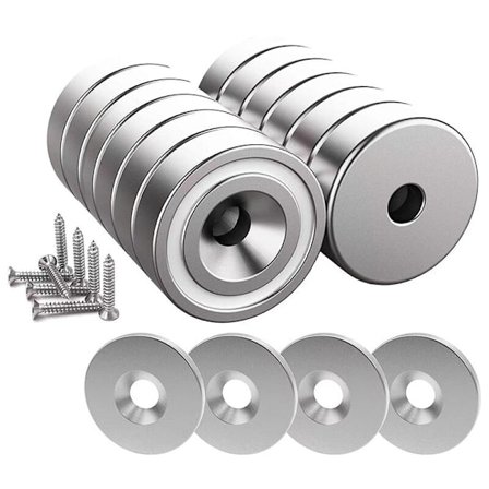 12 stk. Neodym magneter 10 KG styrke 20 x 7 mm med hul og kapsel, forsænket pottemagnet med skruer og 12 stålpuder (Shiny Silver)