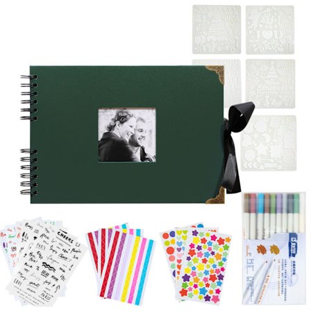 Scrapbogsalbumsæt med klistermærker, til par, familie, bryllup, rejse, dimission (mørkegrøn)