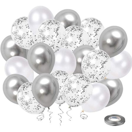 Silver och Vita Ballonger, Vita Silver Konfetti Metalliska