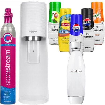 Maskin för kolsyrat vatten - Sodastream - Terra - 1L med flaska, kolsyrepatron och 5 sirap - Vit