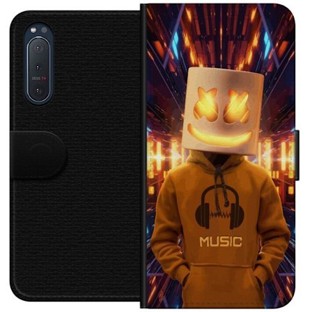 Yhteensopiva Lompakkokotelo Sony Sony Xperia 5 II DJ-hahmo valaisevassa kypärässä ja hupparissa futuristisessa musiikkiympäristössä neonvalojen
