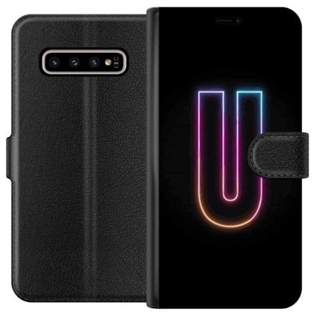 Kompatibel Tegnebogsetui til Samsung Samsung Galaxy S10+ Minimalistisk neonbogstav U i farverig lyseffekt mod sort baggrund