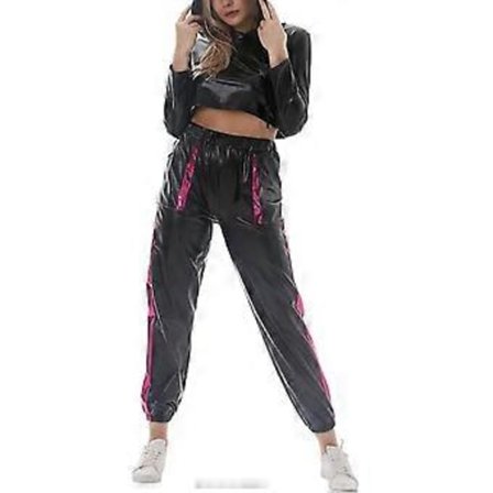 Rave-outfit för damer, glänsande crop top-hoodie, metalliska avslappnade långbyxor, hoodie-träningssweatshirt, discodans-klubbkläder (Medium Black -