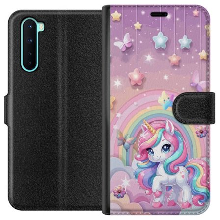 Kompatibel Tegnebogsetui til OnePlus Nord Magisk enhjørning med regnbue manke, stjerner og sommerfugle mod en pastelfarvet himmel med skyer