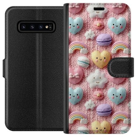 Kompatibelt Lommeboketui til Samsung Galaxy S10 Pastellmotiv med hjerter, skyer, regnbuer og makroner mot rosa bakgrunn i en søt drømmende stil.