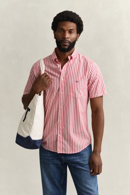 GANT - Stripete klassisk poplin-skjorte med korte ermer til herre rose red