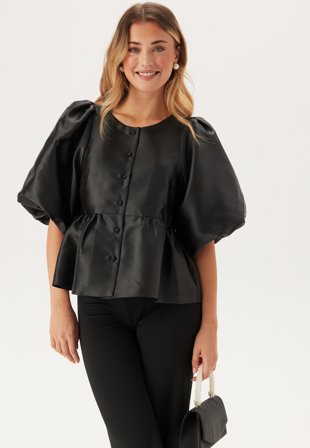 Bubbleroom Occasion Puff Sleeve Peplum Satin Blouse Black S