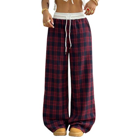 Trendy rutete bukser for kvinner med snøring, elastisk midje og vide ben