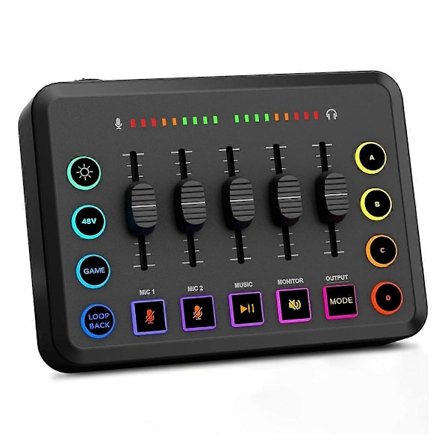 CASA Gaming Audio Mixer, Streaming RGB PC Mixer med XLR Mikrofon Interface, Volume Fader, 48V Phantom
