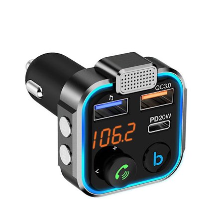 Bluetooth 5.0 FM-sender for bil, [PD 20W + QC 3.0] [Sterkere mikrofon og HiFi-basslyd] Sigarettenner Radio Musikkadapter Lader, Støtte