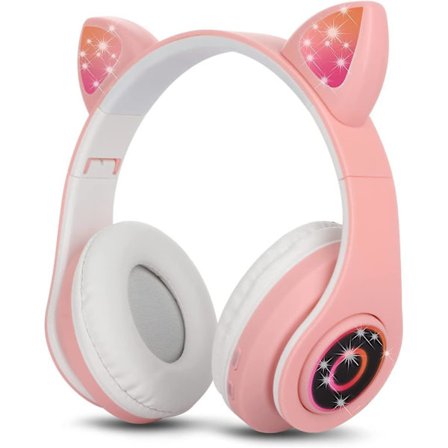 Bluetooth Over-ear Headphones Pink Girl Cat Ear Headphones Rgb Led Light Foldable Stereo Wireless Headphones Headset For Kids Telescopic Noise Canceli
