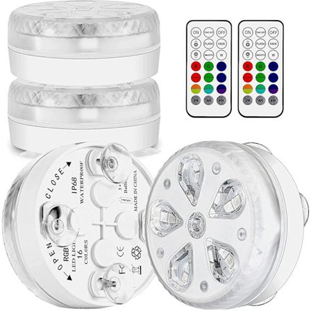 Vanntett LED nedsenkbar bassenglys med RF-fjernkontroll, timer, 16 LED-er, sugekopp og magnet for basseng, akvarium, vase, fest (4)