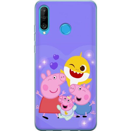 Kompatibel Mobilcover til Huawei P30 lite Peppa Gris mønster med hjerter, sommerfugle og venner, lyserød baggrund i bløde børneillustrationer