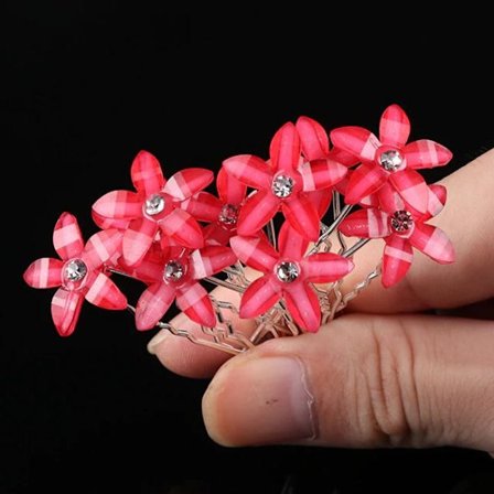 10 st Hårnålar Hårsmycken Hårdekoration till Bröllop & Fest - Röd Blomma & Glittrig Strass