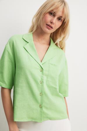 NA-KD Trend Linen Blend Short Sleeve Shirt - Vêtements en lin - Vert - EU 38