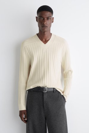COS Men's Ribbed Knit V Neck Jumper in White