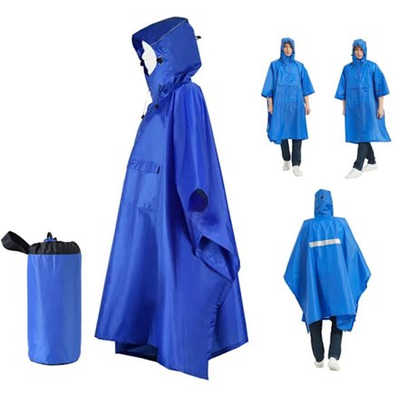 Regnfrakke, poncho, vandtæt regnponcho udendørs med lommer til campingvandring, mænd og kvinder (blå)