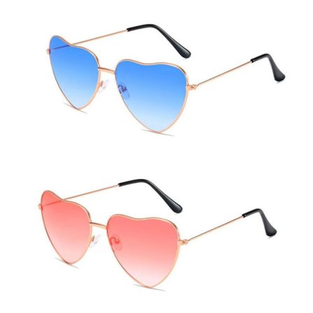Hjerteformede solbriller med to blå gradienter + gradientpulver Hippy til hippie kostumetilbehør, rosaguldstel