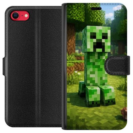 Kompatibelt Plånboksfodral till Apple Apple iPhone 8 Block-baserad Creeper-figur i en grön pixell värld, ikonisk spelillustration för barnrum, gam