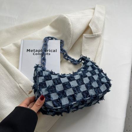Uformell skulder underarm bag rutete mønster utskrift denim veske Dark Blue