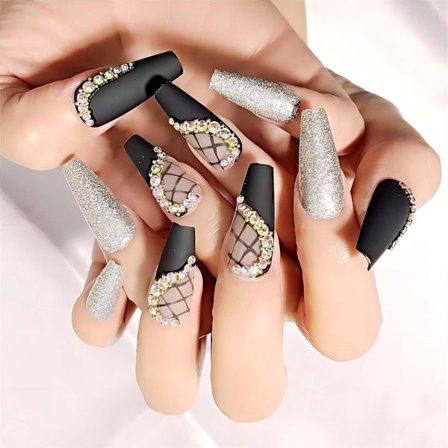 Långa Press-on Naglar Falska Naglar med Lim Akryl Falska Naglar med Hjärta 3D Strass Dekorationer Silver Glitter Artificiella Falska Fingernälar, 24st