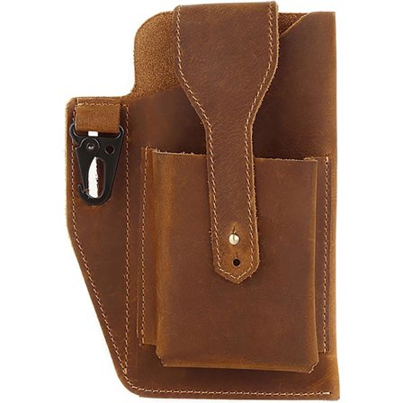 Vintage læder mobiltelefon bæltetaske (brun) med nøglering, herre bæltetaske, multifunktionel, dobbelt lag til alle mobiltelefoner op til 7,3"