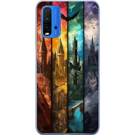 Kompatibel Mobilcover til Xiaomi Xiaomi Redmi 9T Fire magiske slotte i forskellige elementfarver, episk fantasykunst med ild vand luft og mørke i det