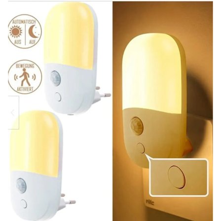 Yövalo liiketunnistimella, LED-yövalo, pistorasiavalaisin portaattomasti säädettävällä kirkkaudella