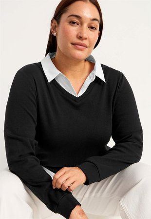 Cellbes of Sweden - Jerseytop med syet skjorte krave i sort til damer i størrelse 50/52