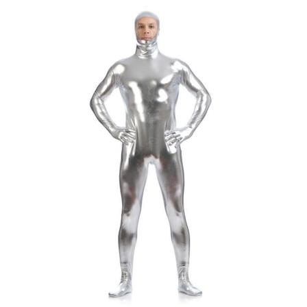Högkvalitativ, hel ansiktsexponerad gelcoat för män, full body zentai stage silvery Adult S