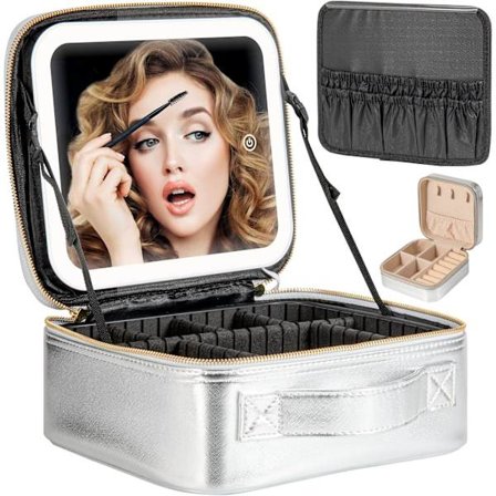 Makeup Rejseetui med Spejl LED Lys 3 Justerbar Lysstyrke Kosmetiktaske Bærbar Opbevaring Justerbar Opdeling Vandtæt Makeup Børster Makeup
