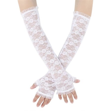 UV-beskyttelses arm sleeves med blonde, blomstrede blonde sleeves til kvinder, udhulede lange solcreme handsker, fingerløse kørehandsker, hvid