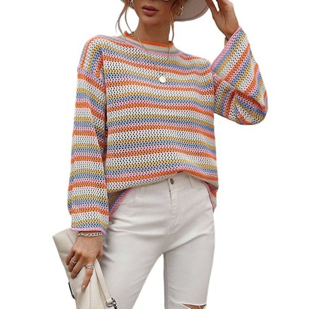 Dam vinter casual tröja rund hals randig tröja långärmad plus size pullover