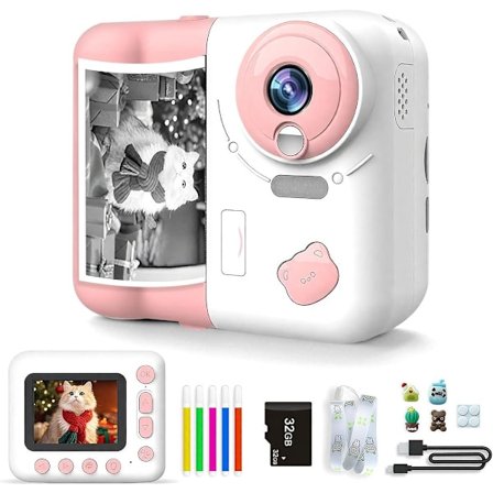 Børne-instantkamera med 32 GB hukommelseskort og farveblyanter - Kompatibelt med børn i alderen 3-12 år - Pink - Perfekt gave til jul og fødselsdag