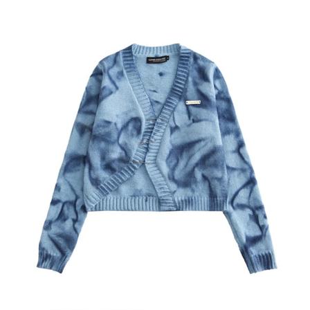 Kvinnor Stickat Höst Vinter Tröja Heyhenry Salt V-ringad Långärmad kofta Retro Tie-Dye outfit Blue M