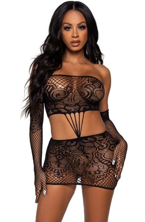 Lace Schlauchkleid & Handschuhe Schwarz Onesize