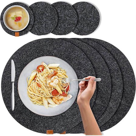 8 Stk. Runde Dækkeservietter Skridsikre Brikker Filt Tyk Vaskbar Sort Runde Dækkeservietter Vandtætte og Varmebestandige, 2 Størrelser