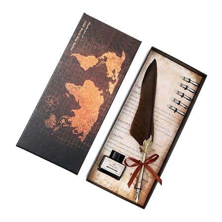 Fjærpenn og blekksett, fjærpenn med erstatningspenn, retro kalligrafipenn, luksuriøs bursdagsgave til barn, studenter og venner, brun