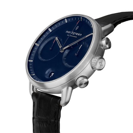 Nordgreen Men's Minimalistist Large Wrist Watch Watch - Silver Case - Navy Dial - Black Croc Leather Watch Strap Pioneer White Dial Chronograph