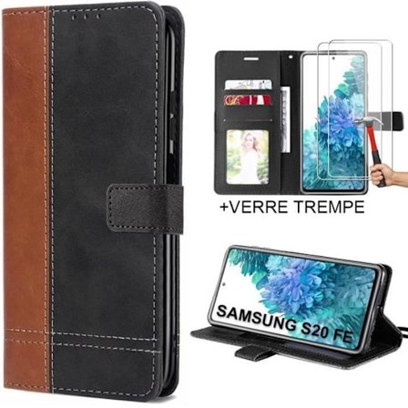 Flip Case Cover med 2 härdade glasögon för Samsung S20 FE - Lädereffekt svart-brun