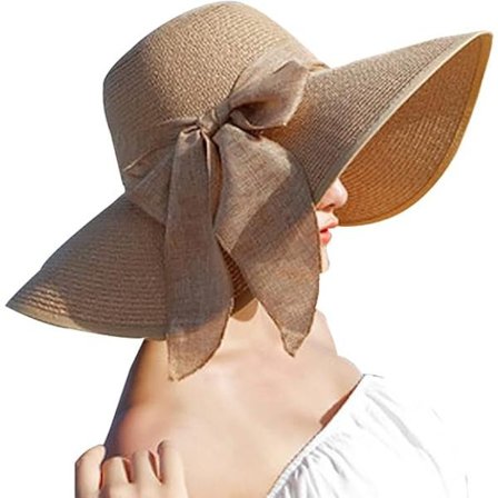 Dame bredbremmet stråhatt (lys brun), sammenleggbar og rullbar hatt, strandhatt, UPF 50+.
