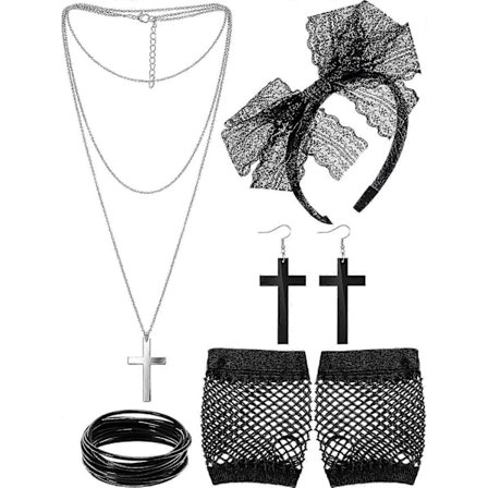80-tals Kostymtillbehör, Spetsband, Örhängen, Fisknätshandskar & Halsband Armband (svart) A