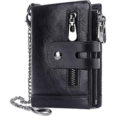 Men's Wallet RFID Blocking Genuine Leather Wallet with Zipper Coin Pocket Bifold Wallet with Chain 16 Card Slots Real Leather Men's Wallet