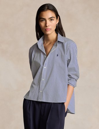 Polo Ralph Lauren Cropped Boxy Striped Cotton Shirt - Navy - S