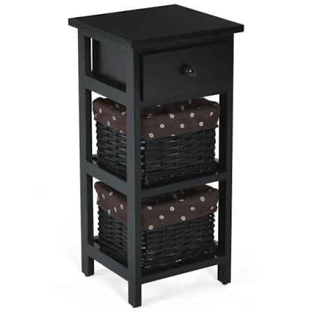 COSTWAY Sengebord Natbord med 1 skuffe og 2 aftagelige flettede kurve, Paulownia træstel Vintage Style Sort