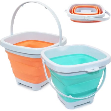 2 stk. Strandspande, Blå og Orange Silikone Sammenklappelige Spande med håndtag, Foldbar Spand.
