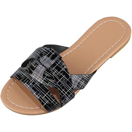 Dam sommar platta slides sandaler casual rem kors slip på sliders strand platta sandaler för kvinnor ---- Svart(Storlek 36)