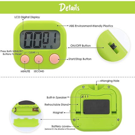 Minutur, 4 stk. nedtællingsur til køkkenet, 4-farvet stopur med høj alarm og stort digitaldisplay